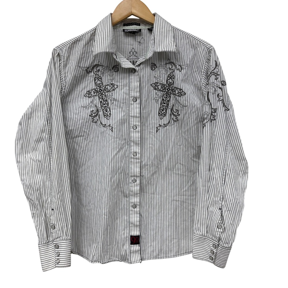 Panhandle Slim Womens XL Striped Western Snap Shirt Embroidered Cross Shirt